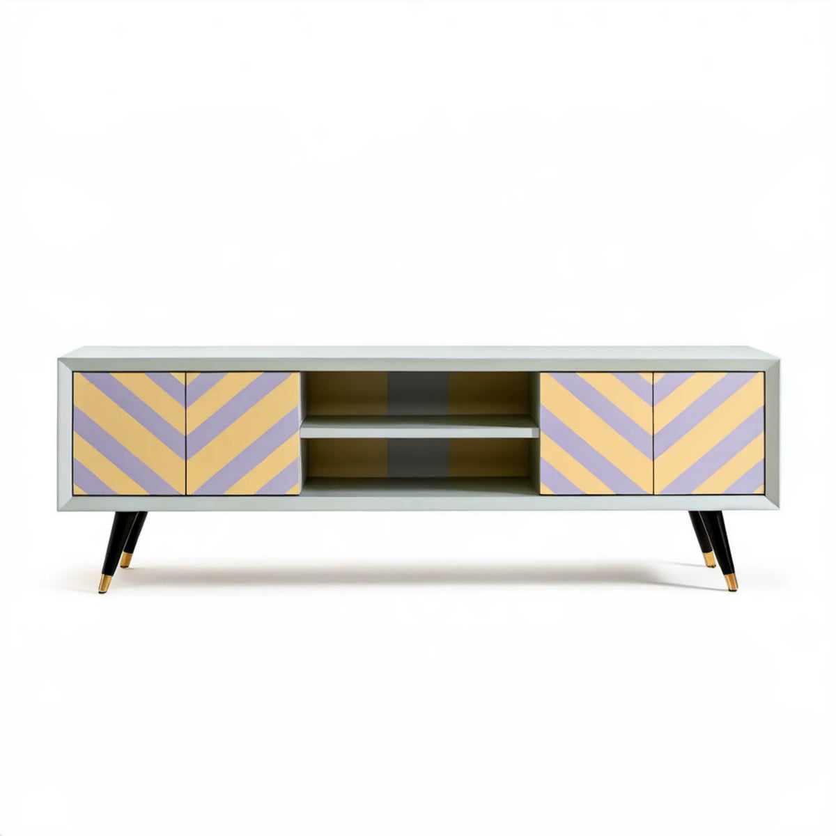 Komoda RTV 180 x 40 x 60 cm jasnoszara z żółto-jasnofioletowymi frontami w jodełkę