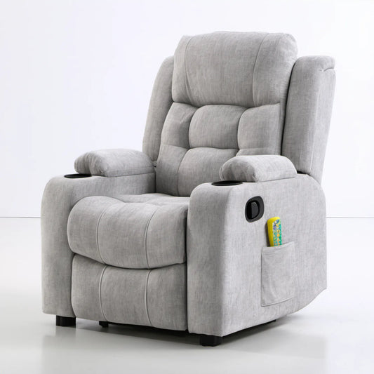 Jasnoszary fotel rozkładany z funkcją relaksu, uchwytami na napoje i kieszenią, 90 x 95 x 105 cm