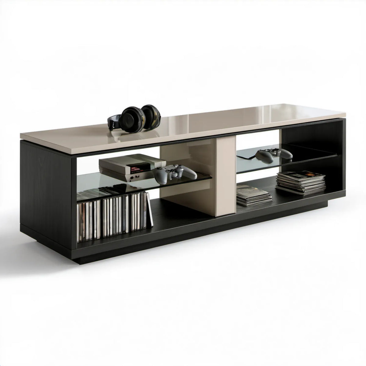 Szafka RTV z półkami 180 x 40 x 50 cm Czarna/Srebrna, MDF i szkło hartowane